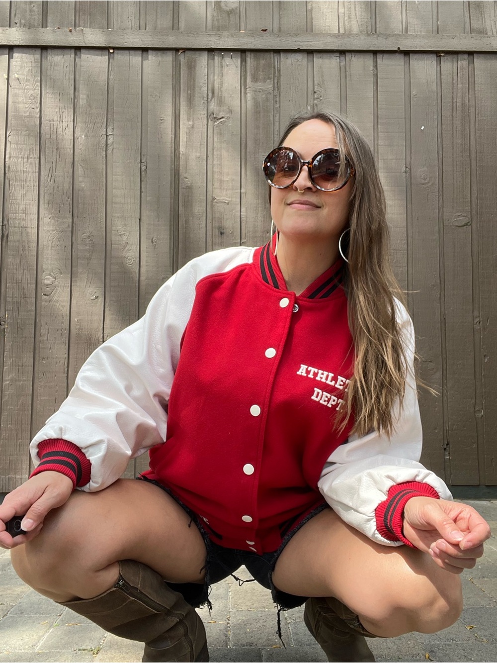 wild fable Red and White Oversized Varsity Bomber Jacket with Striped Trim